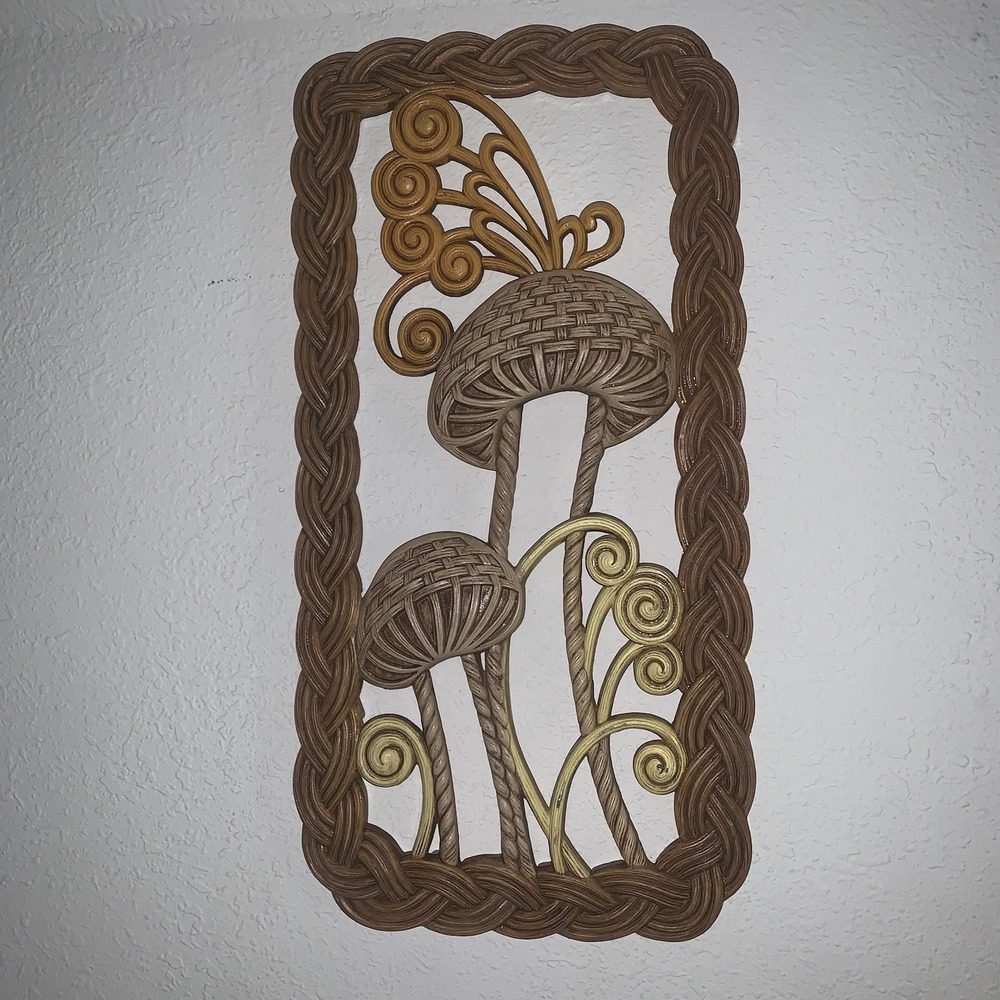 MCM VTG Mushroom Wall Hanging Plaque Burwood 2329 Brown Yellow Butterfly Plastic